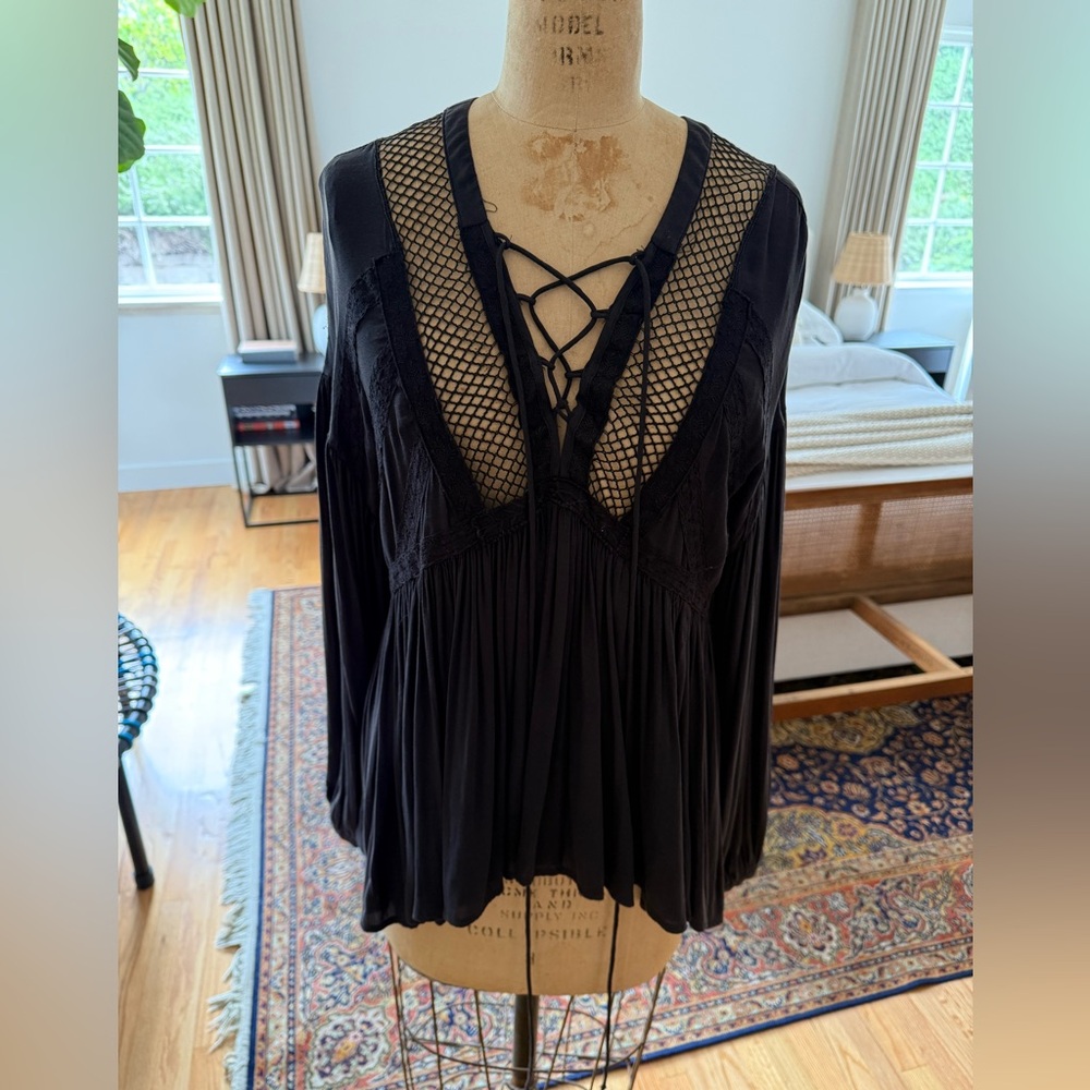 Free People Black Lace-Up Blouse